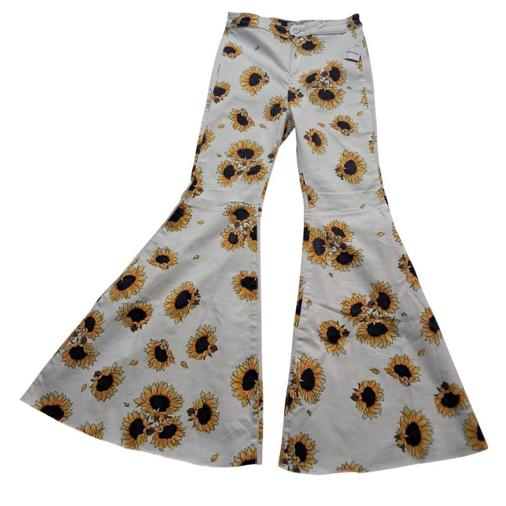 NWT Free People Jeans Womens 28 White Just Float On Flare Sunflower Floral 70s